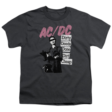 Charcoal youth t-shirt for ages 8 to 12 with AC/DC Dirty Deeds graphic