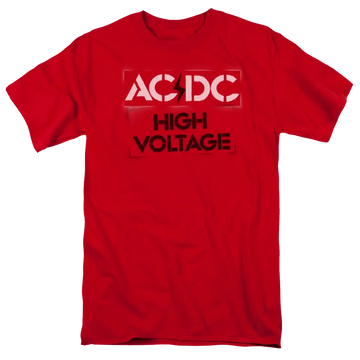 Red men's t-shirt with white AC/DC logo and black "High Voltage" text on front.