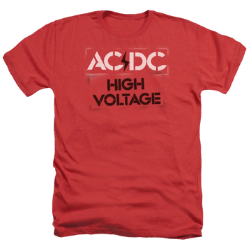 Red men's heather t-shirt with white and black AC/DC High Voltage stencil logo on front.