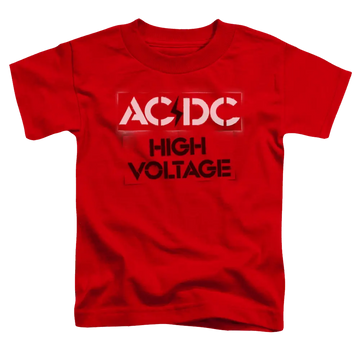 Red kid's t-shirt with white AC/DC logo and black "High Voltage" text on front.