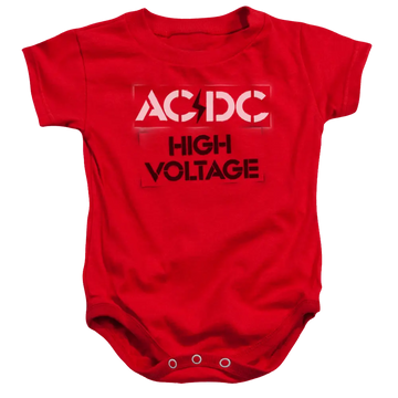 Red baby bodysuit with white AC/DC logo and black High Voltage text on front.