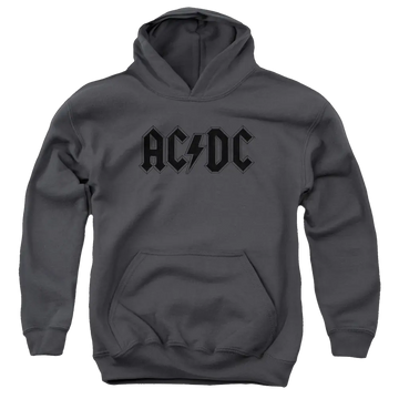 Charcoal youth hoodie for ages 8 to 12 with AC/DC Worn Logo graphic