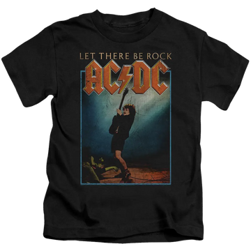 Black kid's t-shirt with vintage AC/DC "Let There Be Rock" graphic and guitarist illustration.