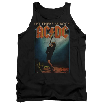Black men's tank top featuring AC/DC Let There Be Rock album cover with guitarist in mid-performance.