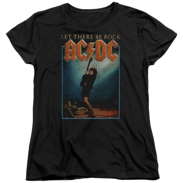 Black women's t-shirt featuring AC/DC Let There Be Rock album cover with guitarist mid-performance and large orange AC/DC.