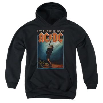 Black youth hoodie featuring AC/DC "Let There Be Rock" graphic with guitarist silhouette and lightning bolt logo.