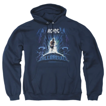 Navy pullover hoodie with AC/DC Ballbreaker graphic and lightning design on front.
