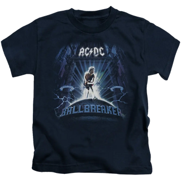 Navy blue kid's t-shirt featuring AC/DC logo and Ballbreaker album art with guitarist and lightning bolts.