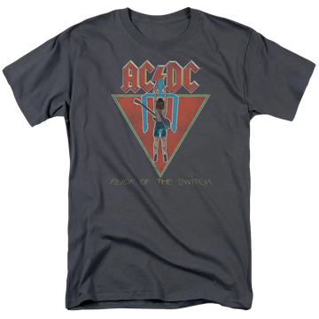 Charcoal AC/DC Flick Of The Switch men's T-shirt with red triangle and band logo design.