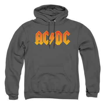 Charcoal pullover hoodie with yellow and orange AC/DC logo and front kangaroo pocket.