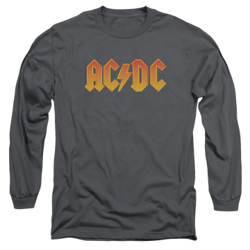 Charcoal men's long sleeve t-shirt with yellow and orange AC/DC band logo on front.