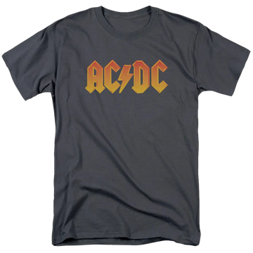 Charcoal men's regular fit t-shirt with bold orange and yellow AC/DC logo across chest.