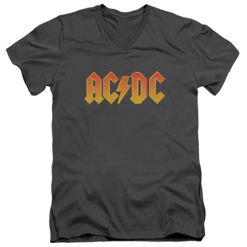 Charcoal men's V-neck t-shirt with AC/DC logo in yellow and orange gradient.