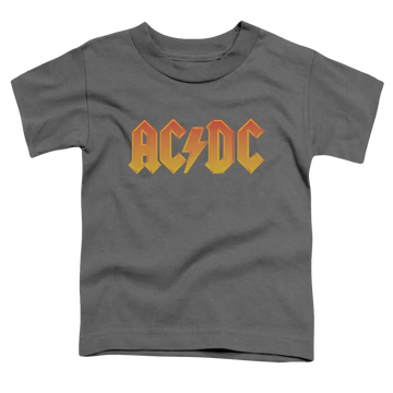 Charcoal toddler t-shirt with yellow and orange AC/DC logo and lightning bolt on front.