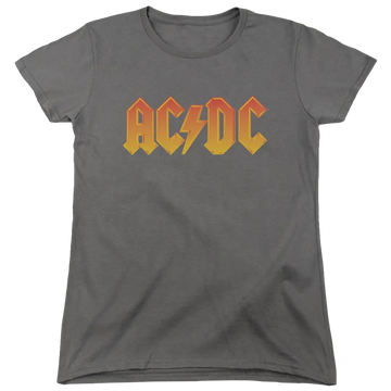 Charcoal women's T-shirt with vintage yellow and orange AC/DC logo on front.