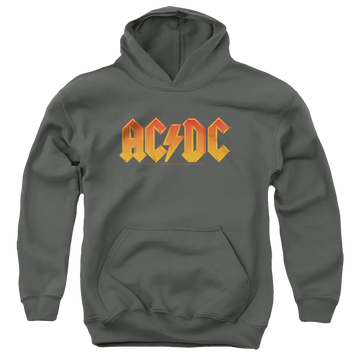 Charcoal youth hoodie with orange and yellow AC/DC logo on front, kangaroo pocket, and drawstring hood.