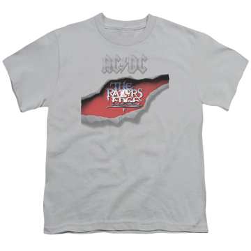Silver youth t-shirt for ages 8 to 12 with AC/DC Razors Edge graphic