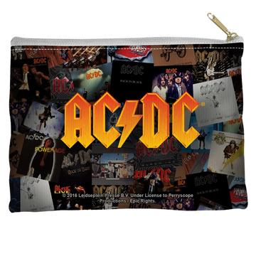 White pouch with straight bottom featuring collage of AC/DC album covers and bold yellow AC/DC logo in center.