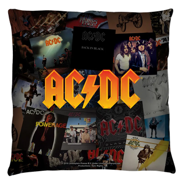 Multi-sized throw pillow featuring a collage of AC/DC album covers with bold yellow AC/DC logo center.