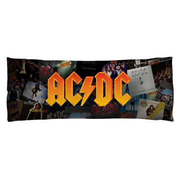 White body pillow with a collage of AC/DC album covers and the band's logo in yellow and red letters.