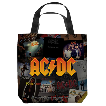 Black tote bag with AC/DC album cover collage and black handles.