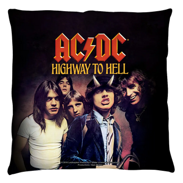 Black throw pillow featuring AC/DC band members and yellow "AC/DC Highway to Hell" text with a red lightning bolt logo.