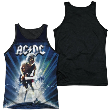 Men's black tank top with vibrant AC/DC graphic and lightning design on front, solid black back.