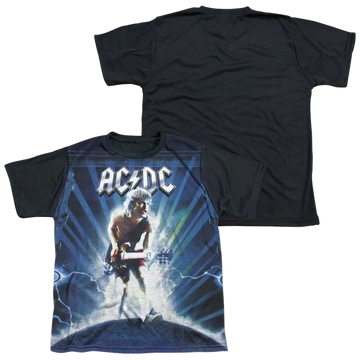 Youth black t-shirt with AC/DC graphic of guitarist on stage and lightning background, black back side.