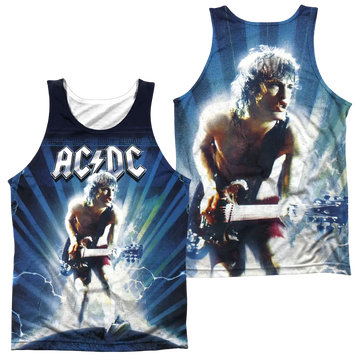 Men's tank top featuring vibrant AC/DC guitarist graphic with blue and white lightning effects.