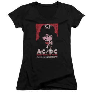 Black juniors v-neck t-shirt with vintage AC/DC High Voltage Live 1975 graphic and red background block.