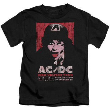 Black kid's t-shirt featuring AC/DC High Voltage Tour 1975 graphic with Angus Young illustration.
