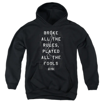 Black youth hoodie for ages 8 to 12 with AC/DC Struck graphic