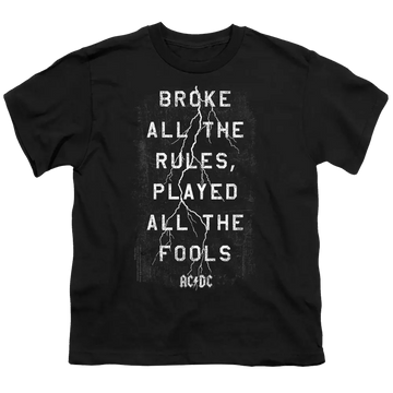 Black youth t-shirt for ages 8 to 12 with AC/DC Struck graphic