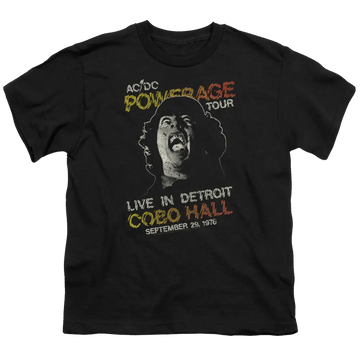 Black youth t-shirt for ages 8 to 12 with AC/DC Powerage Tour graphic