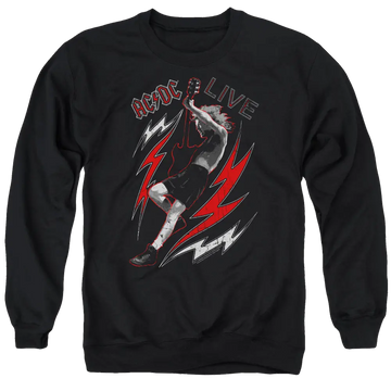 Black crewneck sweatshirt with AC/DC Live graphic of lead singer and red lightning bolts on front.