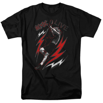 Black men's t-shirt with AC/DC live concert design featuring a guitarist and red lightning bolts.