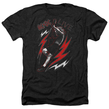Charcoal heather men's t-shirt with AC/DC Live graphic featuring a leg and lightning bolts in red and white.