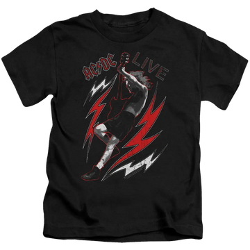 Black kid's T-shirt with red and white AC/DC Live graphic of a rock singer and lightning bolts.