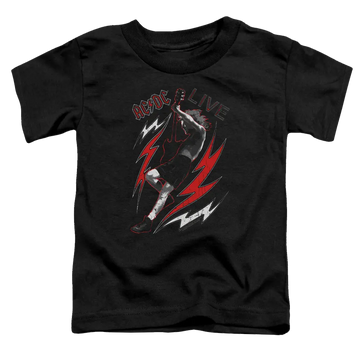 Black toddler t-shirt with AC/DC Live graphic featuring a guitarist and red lightning bolts.