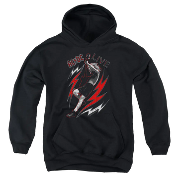 Black youth hoodie with AC/DC Live graphic featuring guitarist and red lightning bolts.