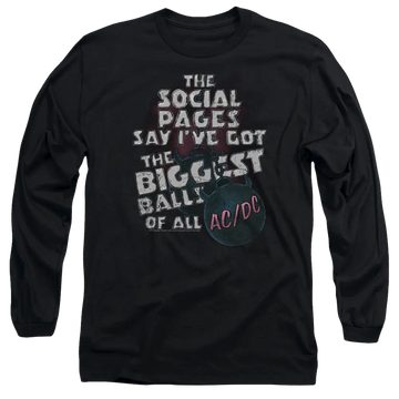 Black long sleeve men's T-shirt with white and red AC/DC Big Balls song lyric print on front.