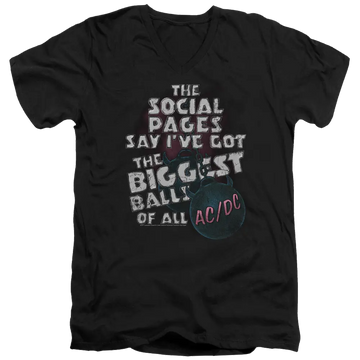 Black men's V-neck T-shirt with white and red AC/DC graphic text and an electric guitar illustration.