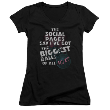Black juniors V-neck t-shirt with white and pink distressed text reading "The social pages say I've got the biggest balls of .
