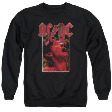 Black crewneck sweatshirt with red AC/DC logo and graphic of singer with devil horns.