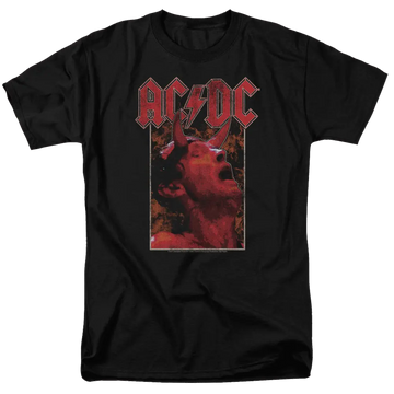 Black men's regular fit t-shirt with red AC/DC logo and fiery illustration of vocalist with horns.