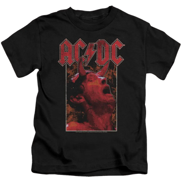Black kids' t-shirt with red AC/DC logo and graphic of a singer with devil horns.