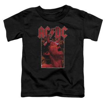 Black toddler t-shirt featuring red AC/DC logo and photo of a singer with microphone.