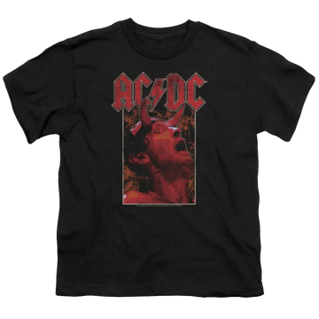 Black youth t-shirt featuring red AC/DC logo and a close-up image of a singer with devil horns and microphone.
