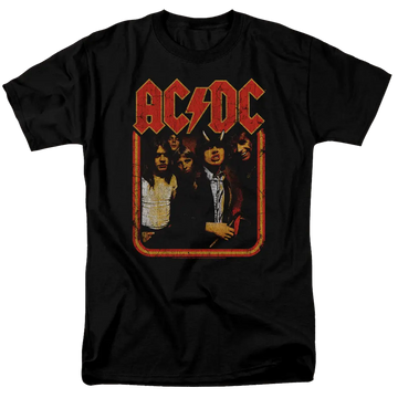 Black men's regular fit t-shirt with distressed red AC/DC logo and band photo graphic.