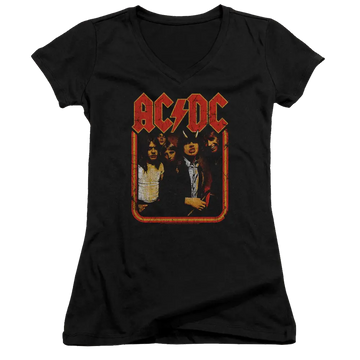 Black juniors V-neck t-shirt with distressed red AC/DC logo and band photo on front.